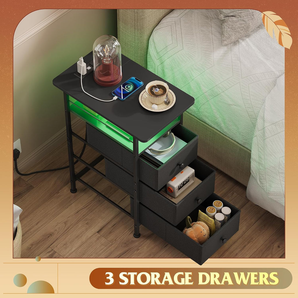 WLIVE Night Stand with Charging Station, End Table with 3 Fabric Drawers