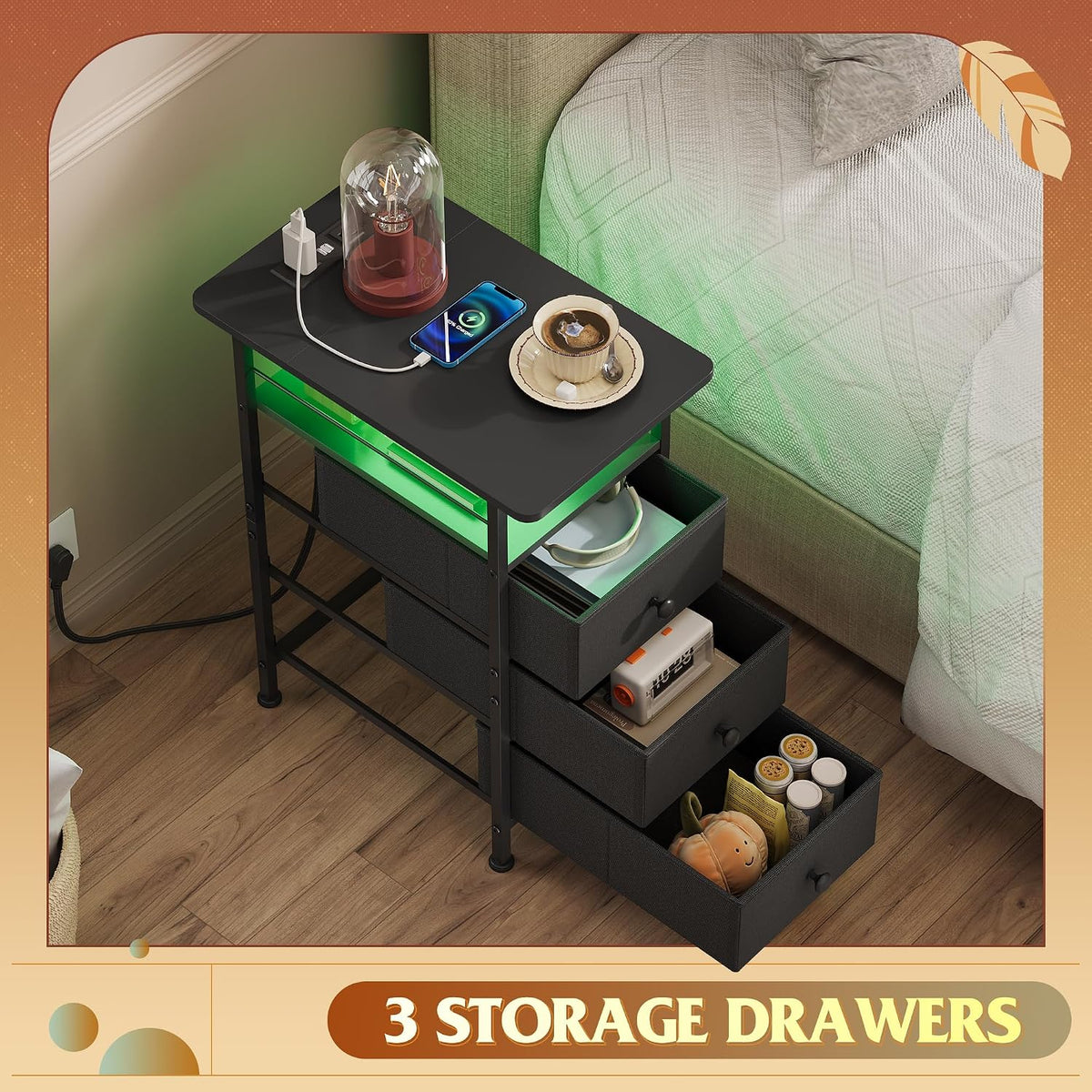 WLIVE Night Stand with Charging Station, End Table with 3 Fabric Drawers