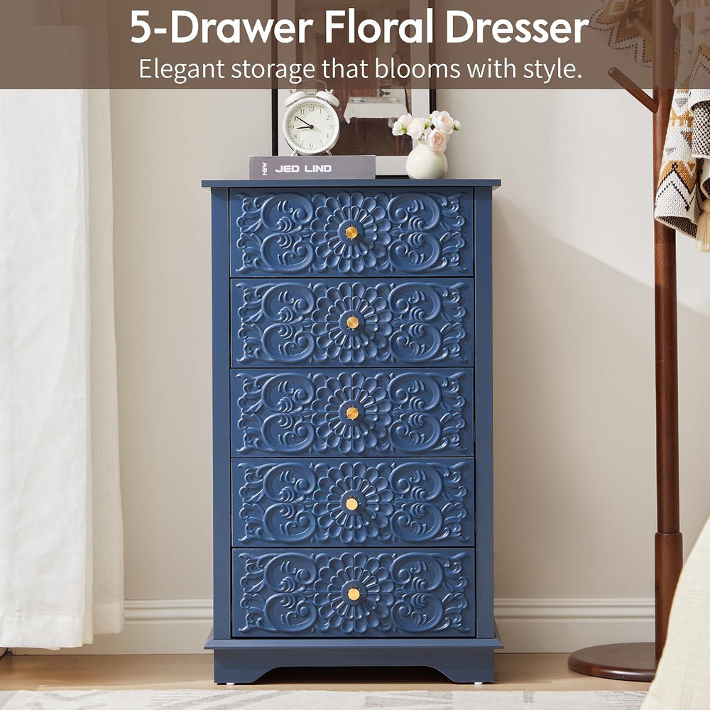 weselon 5 Drawer Dresser for Bedroom, Narrow Chest of Drawers with Floral Fro...