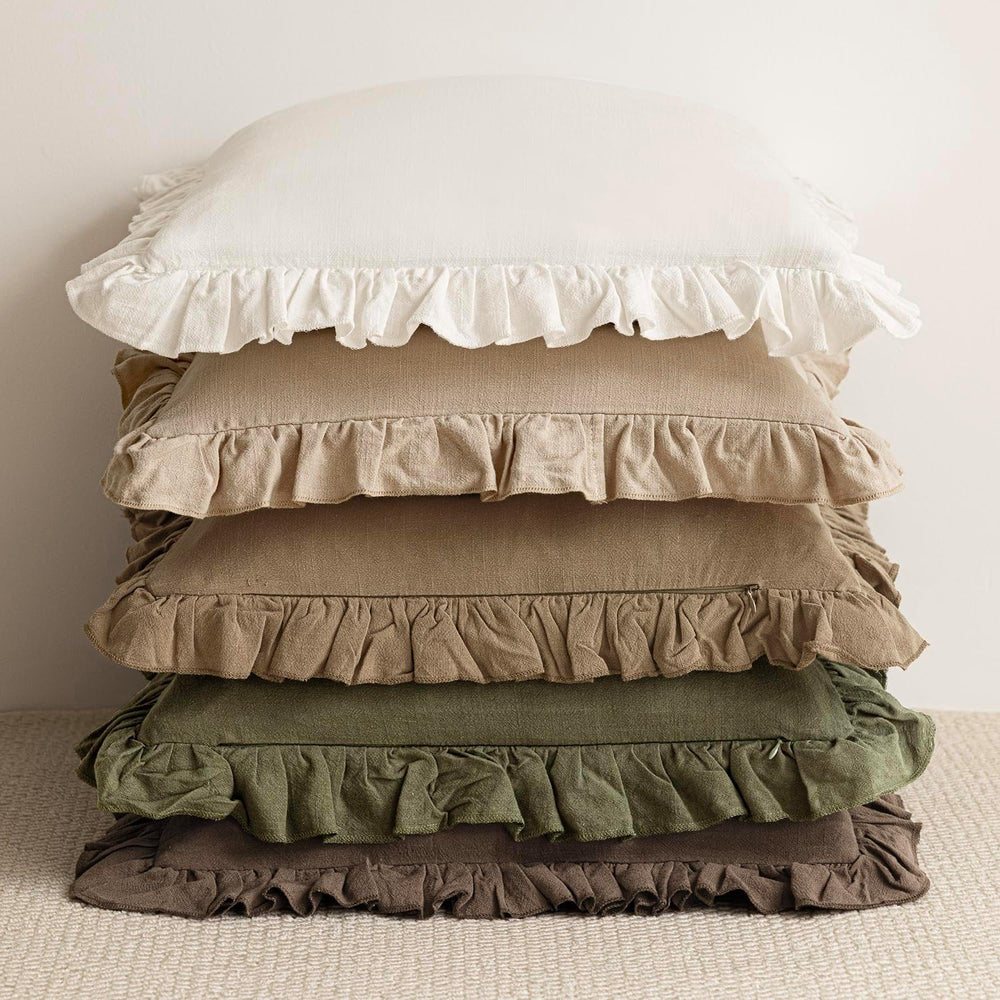Foindtower Linen Fringe Ruffle Throw Pillow Covers 24×24 Inch Olive Green
