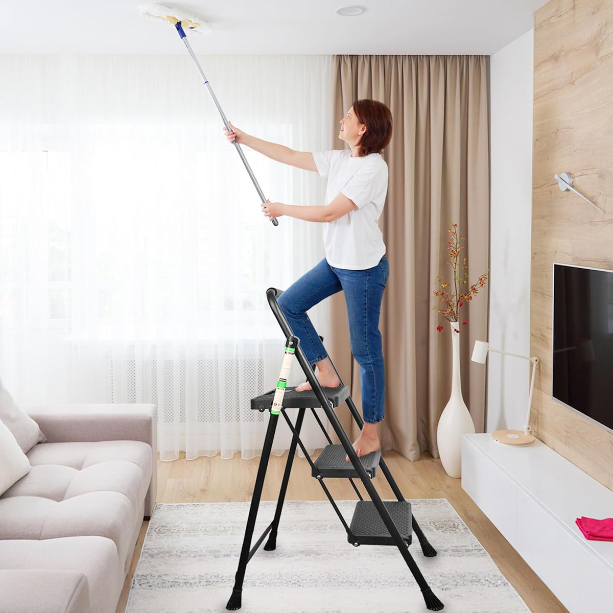Arbusb Step Ladder, Folding Steel Ladder with Handrail & Wide Pedals