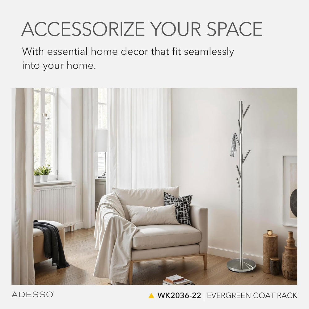 Adesso Coat Rack, Brushed Steel, 6 Hooks, Space-Saving, 67"