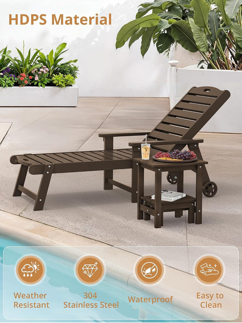 LUE BONA Small Outdoor Side Table with Removable Footstool for Patio, Brown