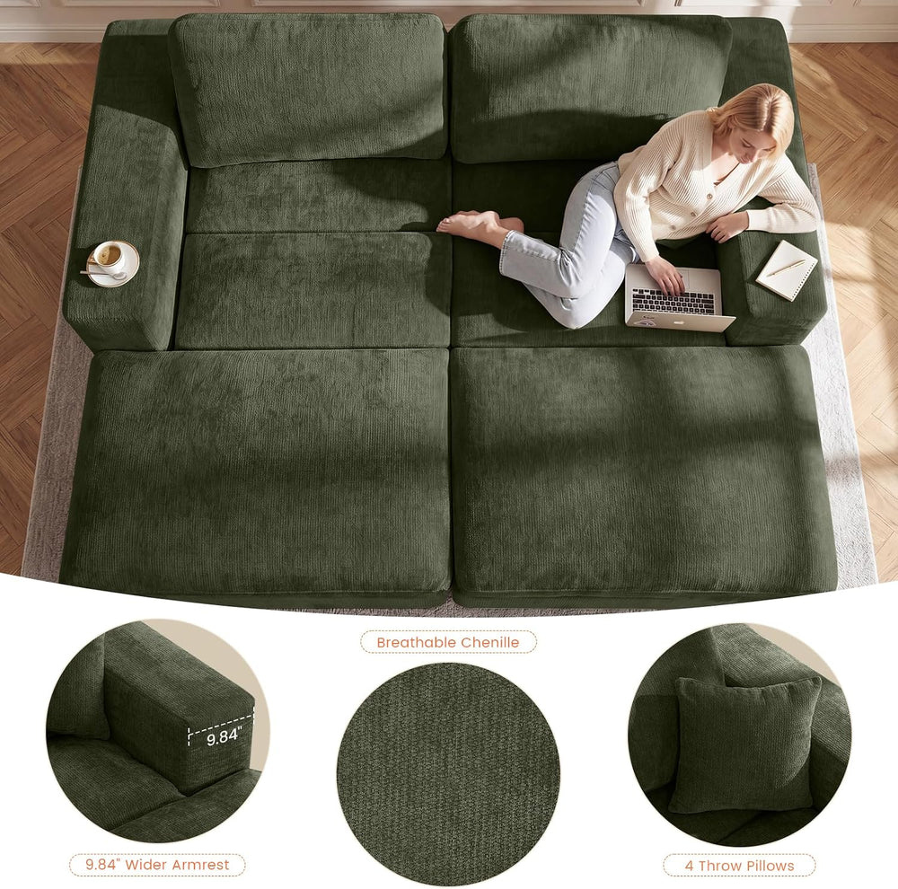 Oversized Double Chaise Lounge Chair, Cloud Boneless Sofa Bed, Green
