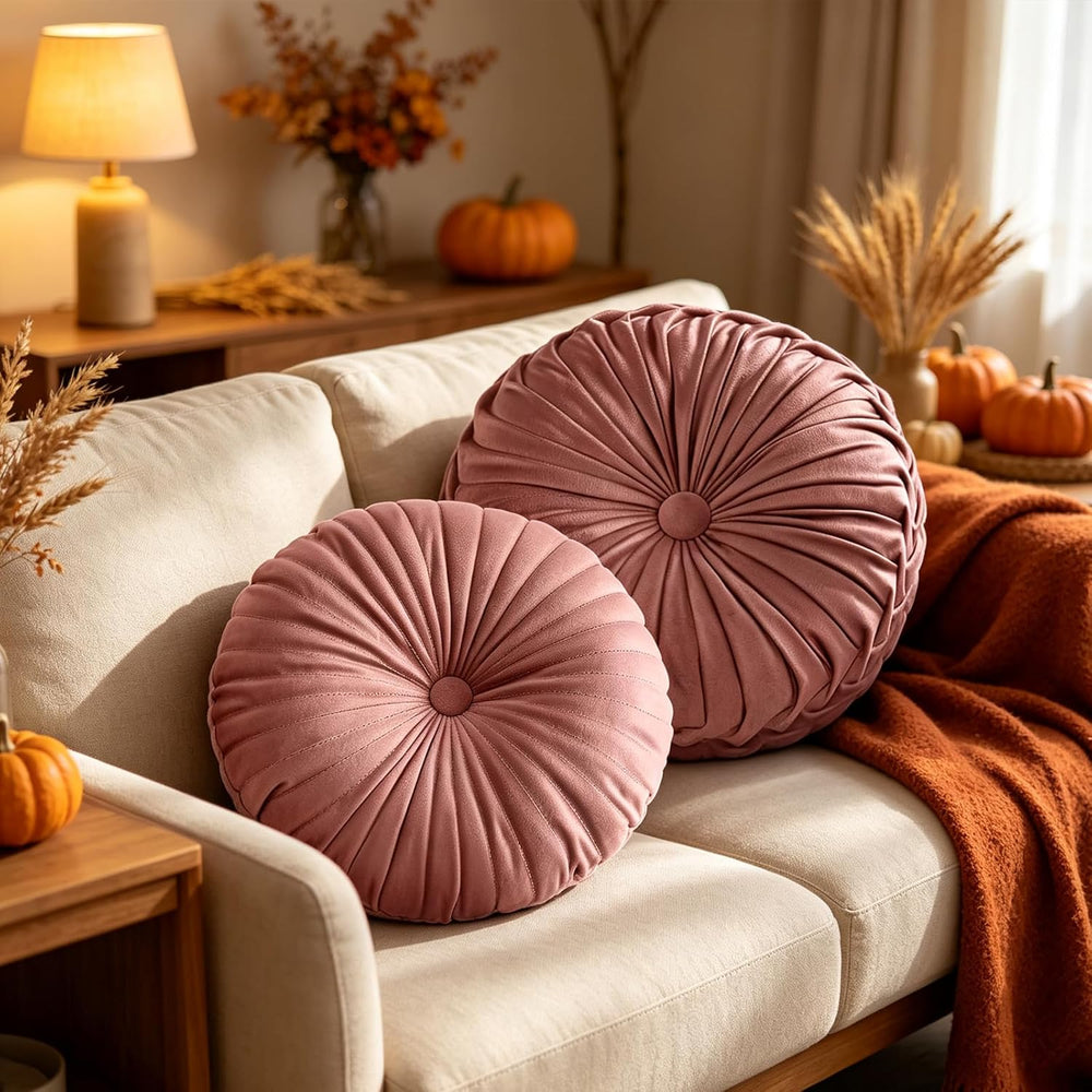 Teieas 2 Pcs Round Throw Pillows Pleated Velvet Pumpkin Round Pillows