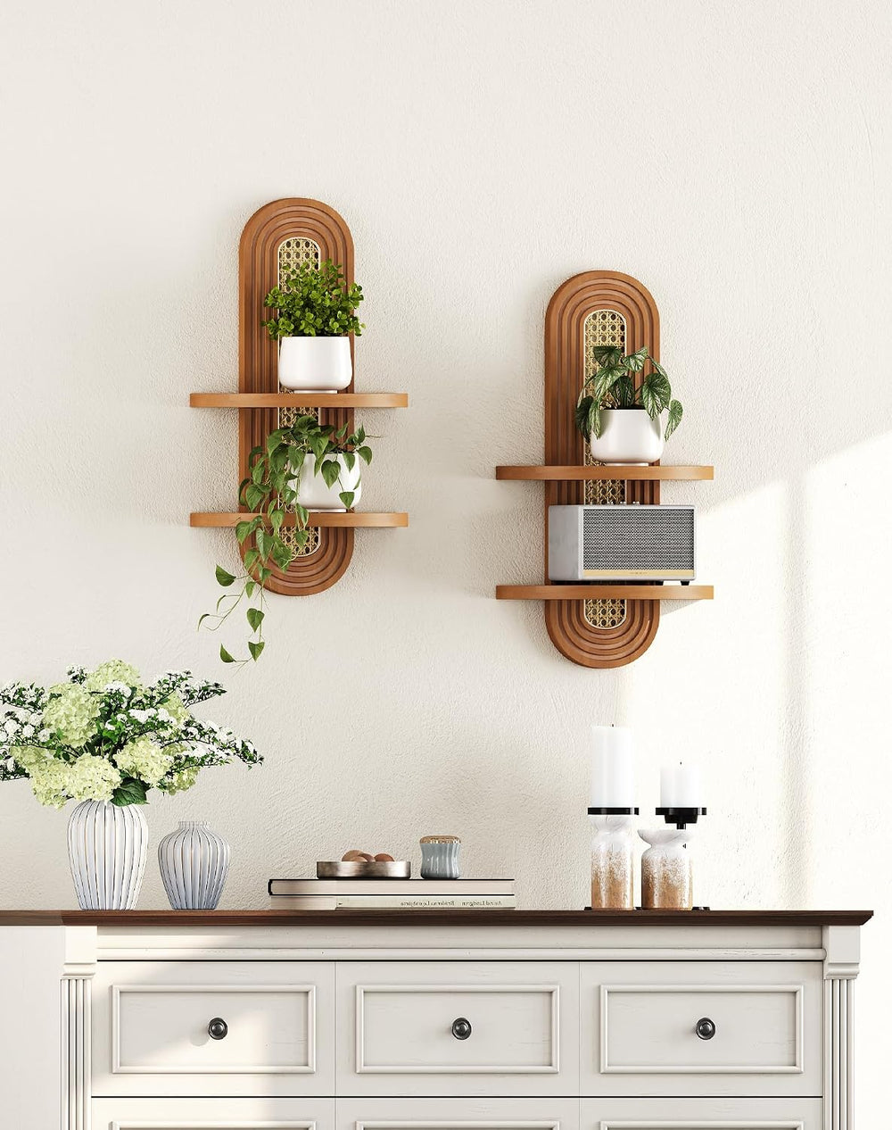 Floating Shelves for Wall,Boho Home Wall Decor,2-Tier Rattan Plant Shelf,Mid ...