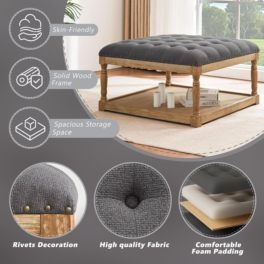 HUIMO 33-inch Square Ottoman Coffee Table, Large Storage Ottoman(Dark Grey)