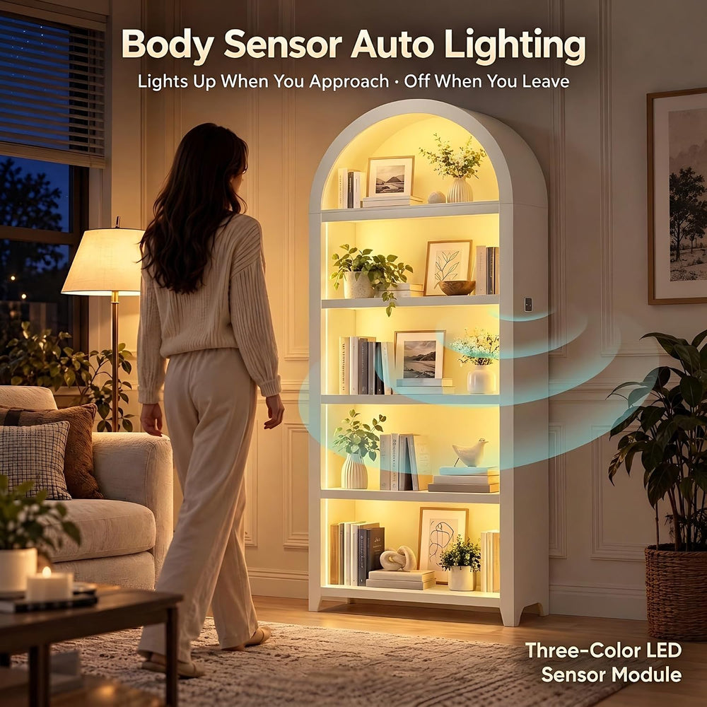 5-Tiber Arched Bookcase with 3-Color Lights & Motion Sensor, White