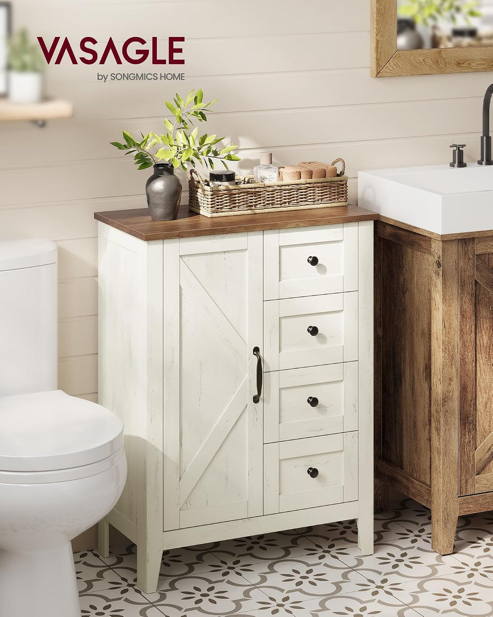 VASAGLE Farmhouse Storage Cabinet with Door, 4 Drawers, Adjustable Shelves