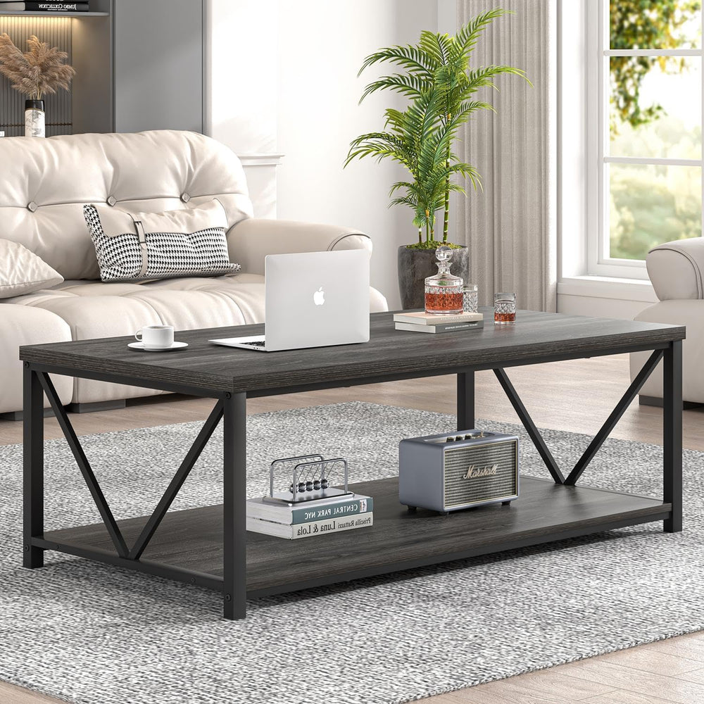 FOLUBAN Industrial Coffee Table with Storage Shelf, Modern Rustic Wooden and ...