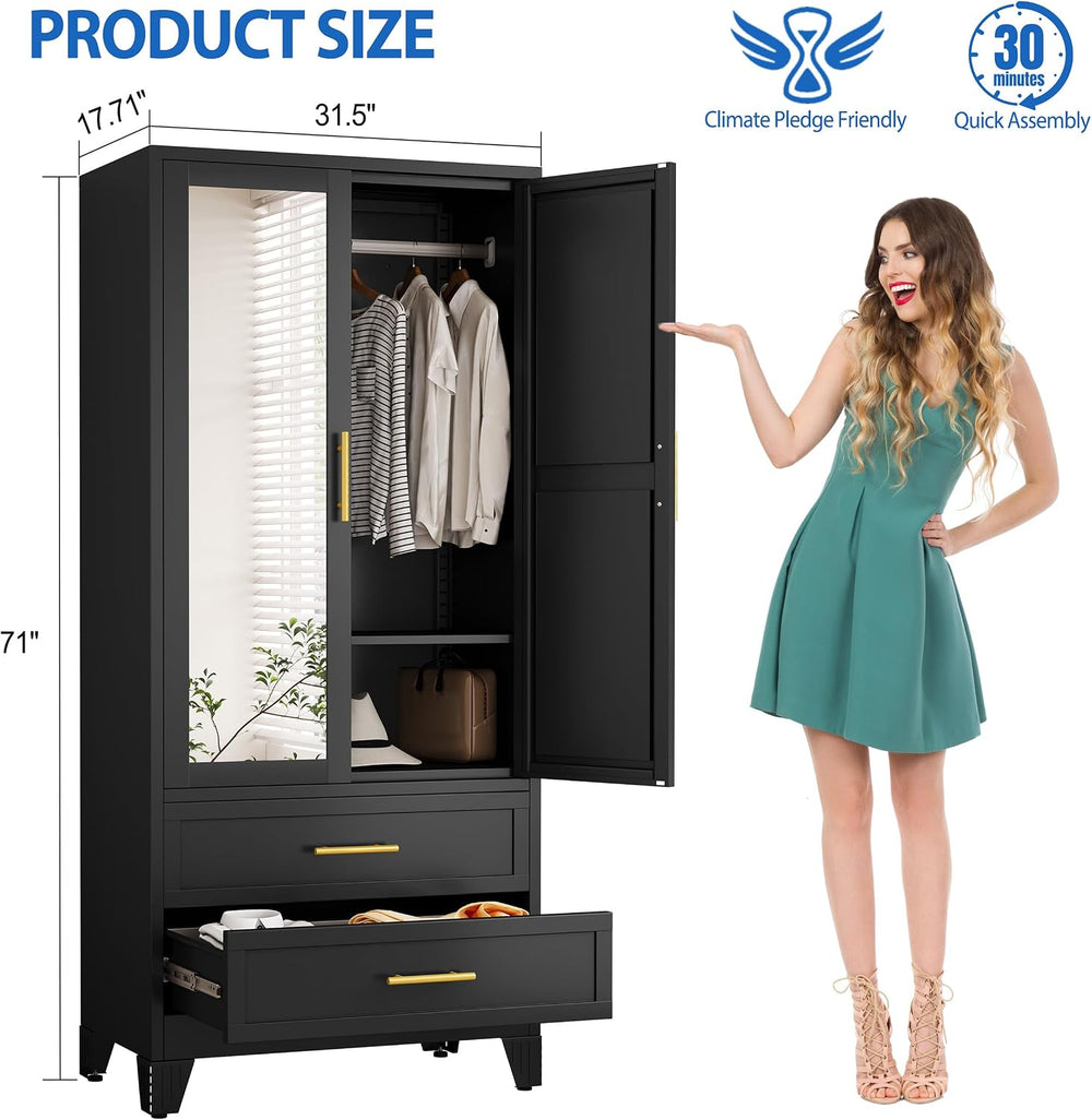 GAIOUS Steel Armoire Wardrobe Closet with Mirror and 2 Drawers 71" Black