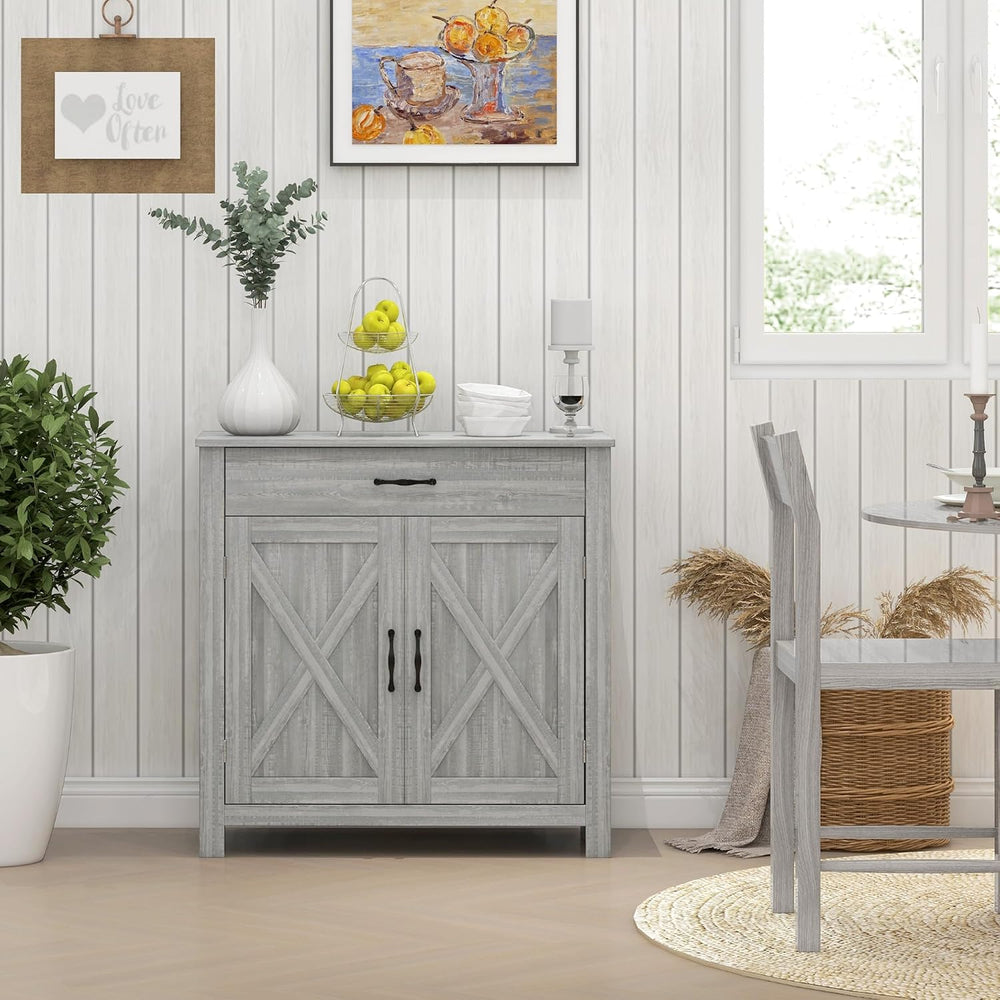 HOMCOM Farmhouse Sideboard Buffet Cabinet Barn Door Gray