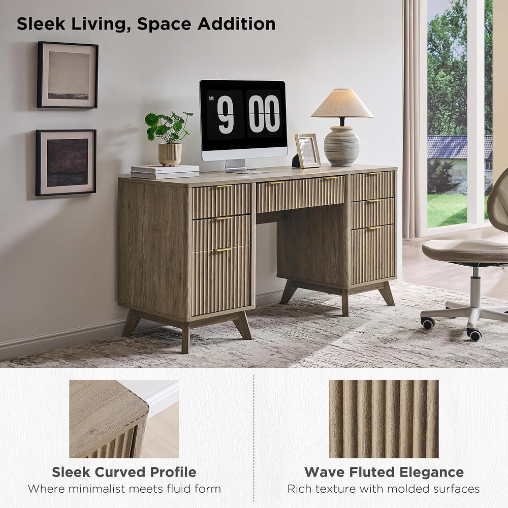 T4TREAM 60" Modern Fluted Executive Desk with Drawers, Alder Grey