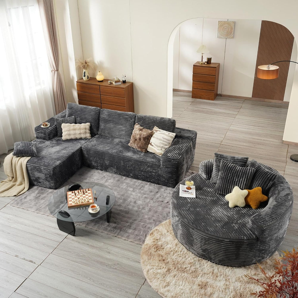 164" Boneless Cloud Couch with Round Chair, Modular Sectional Sofa with ...