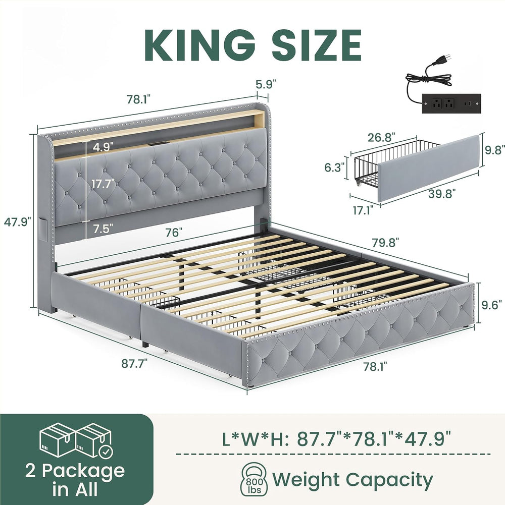 LARMACE King Bed Frame with 4 Storage Drawers, LED & Charging Station