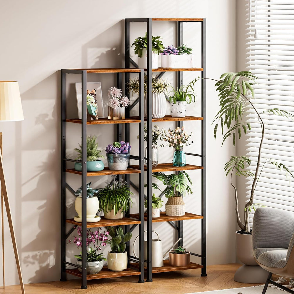 Furologee 5 Tier Bookshelf, Narrow Bookcase, Metal Book Shelf, Rustic Brown