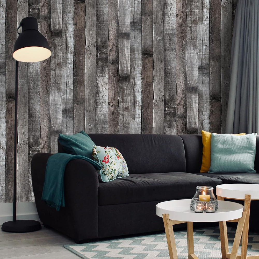 Yun-aeon Natural Wood-Dark Grey Contact Paper Peel and Stick Wallpaper