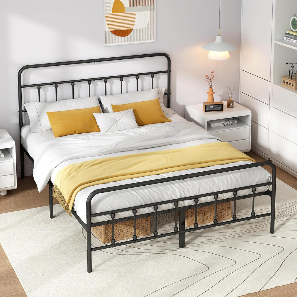 Vengarus Full Metal Bed Frame with Victorian Headboard & Footboard, Black
