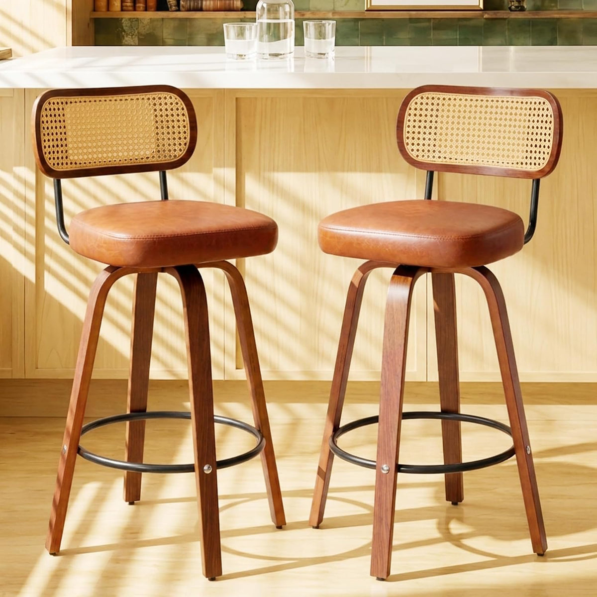 Rattan Bar Stools Set of 2,Upholstered PU Leather, 30''Counter Height Barstools with Back and Wood Legs,360°Swivel,Mid-Century Modern Bar Stool for kitchen Island Dining Room and Bar(Vintage Brown)