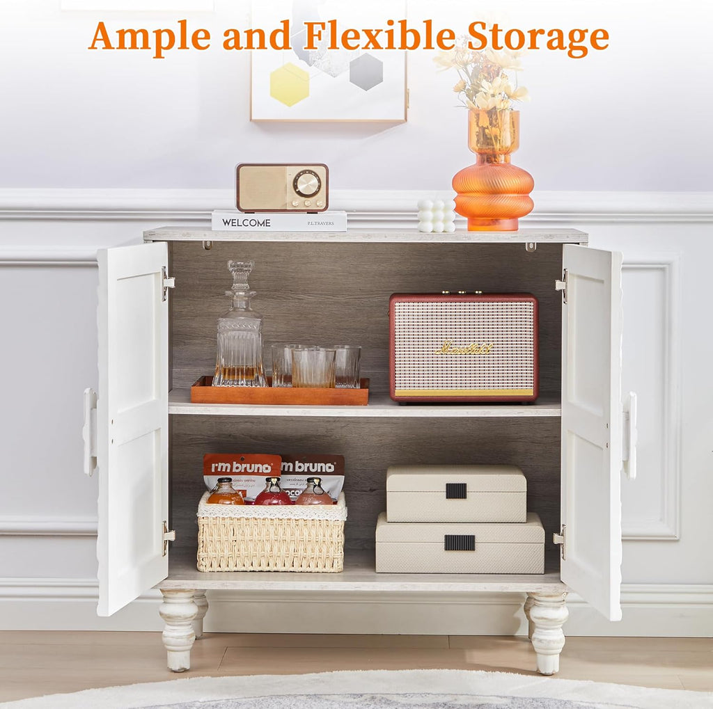 White Distressed Carved Accent Cabinet,2 Door Vintage Storage Sideboard