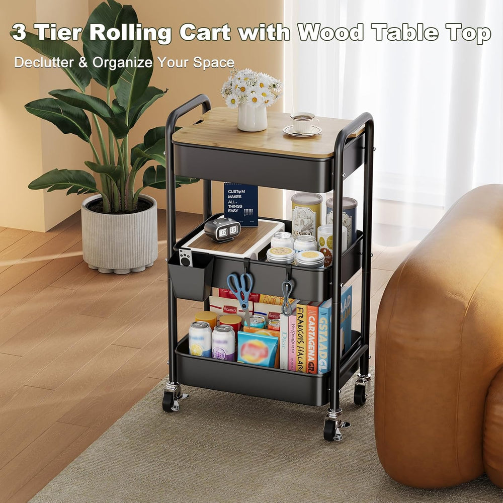 3 Tier Storage Rolling Cart with Wood Table Top on Lockable Wheels（Black）