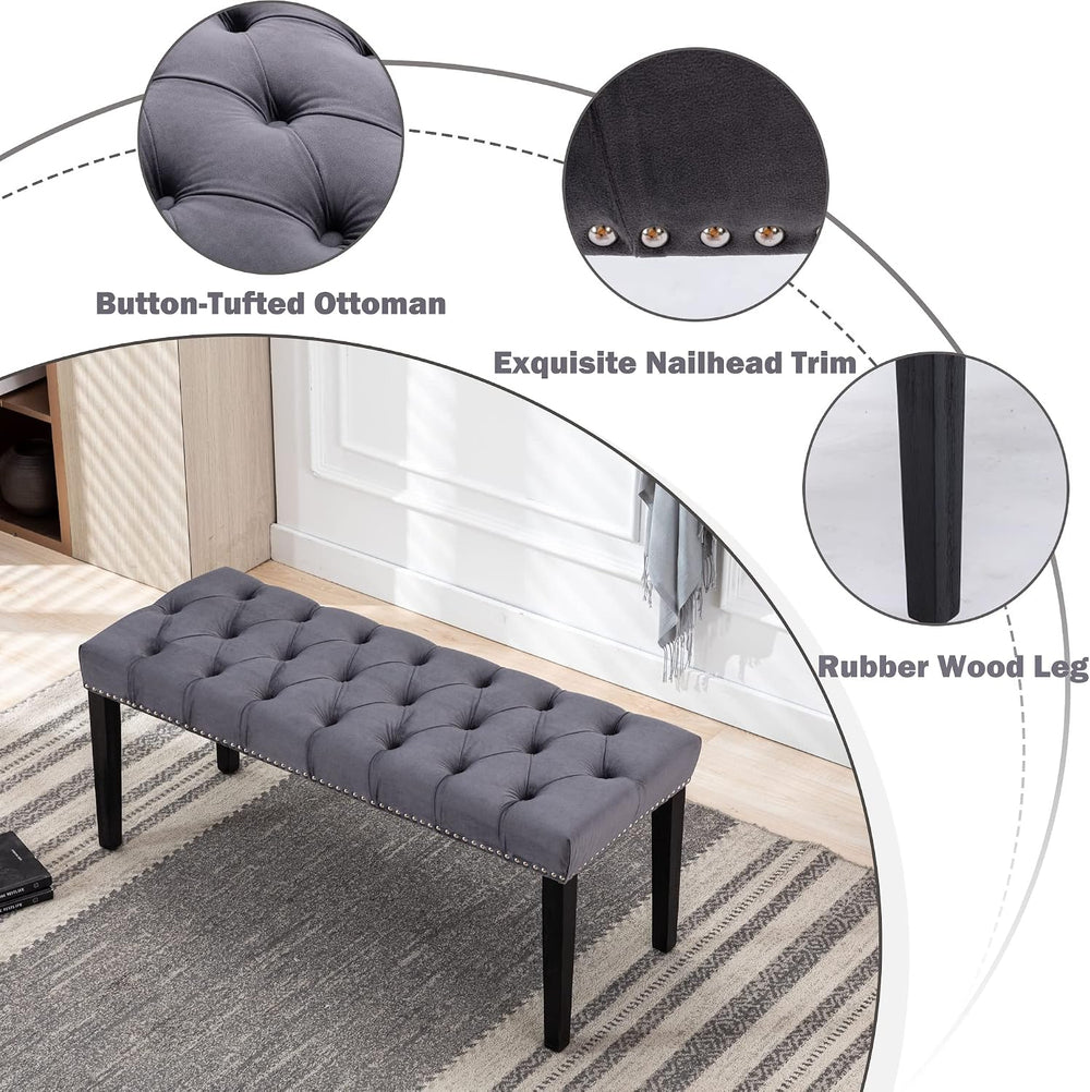 KCC Button-Tufted Ottoman Bench, Velvet Bedroom Benches,Dark Gray