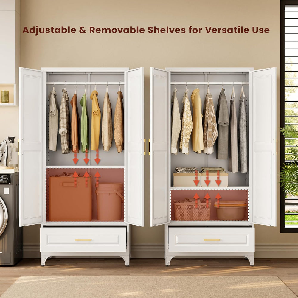 71" Tall Wardrobe Closet with Doors and Adjustable Shelves, White