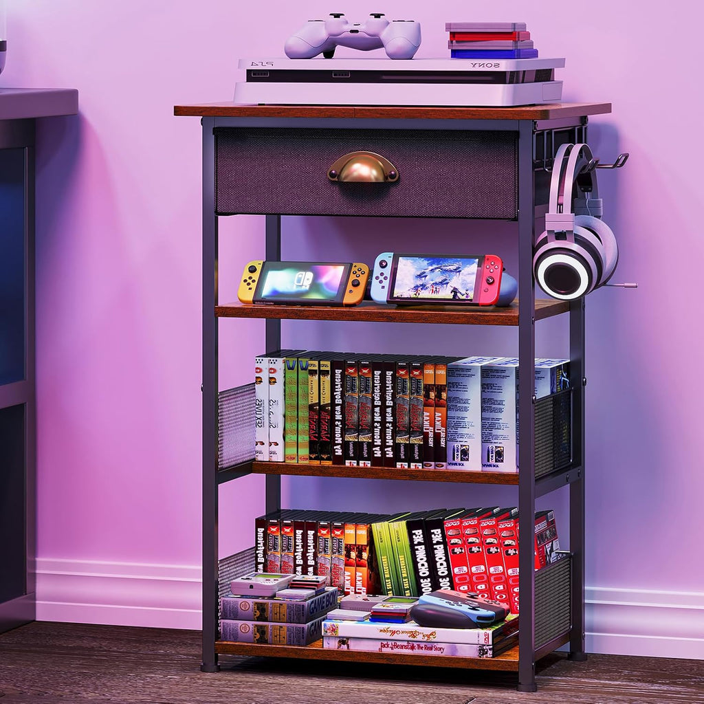 Hongtamoya 4-Tier AV Media Stand with Drawer, Gaming Console Shelf