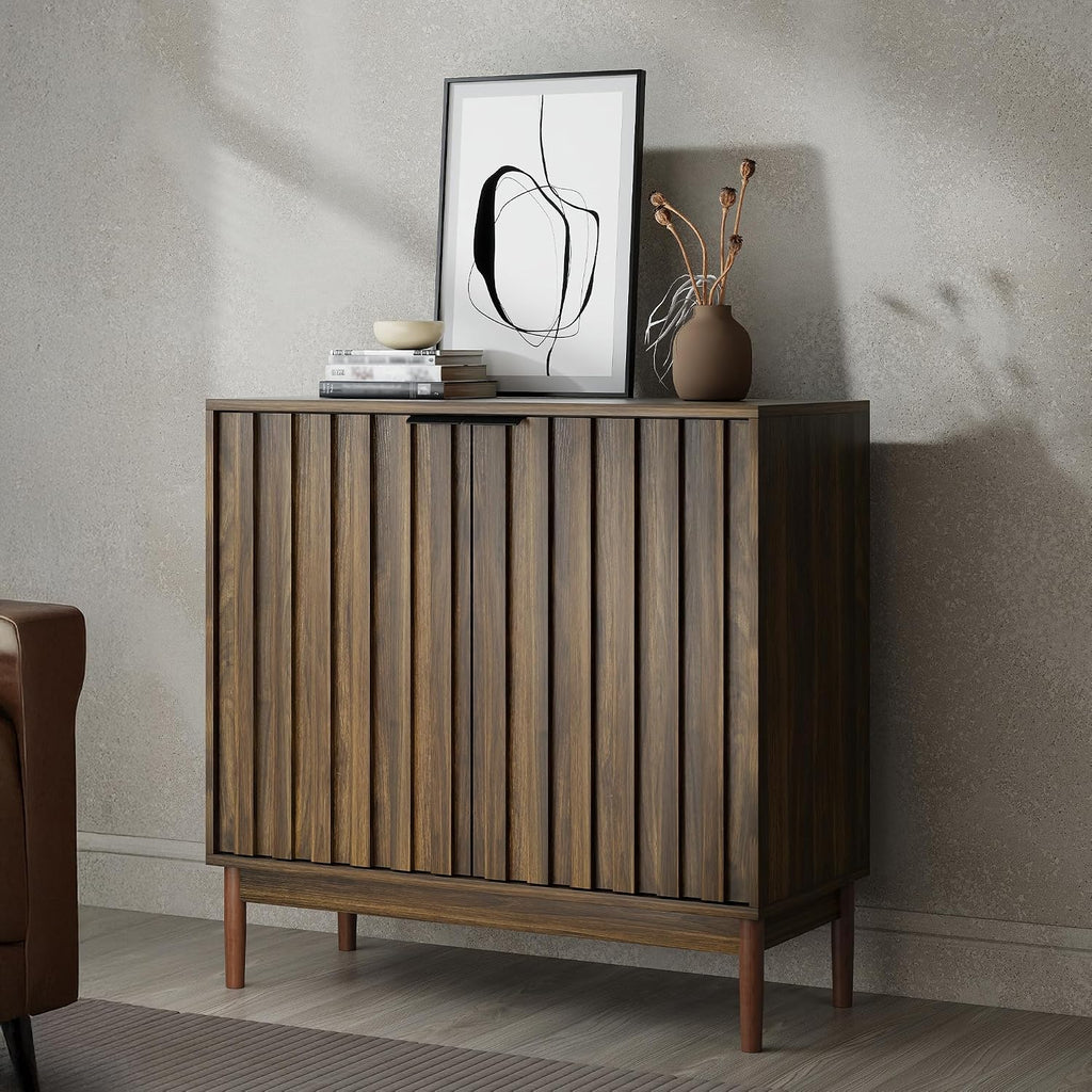 Fluted Buffet Cabinet with Storage, Small Accent Cabinet, Brown