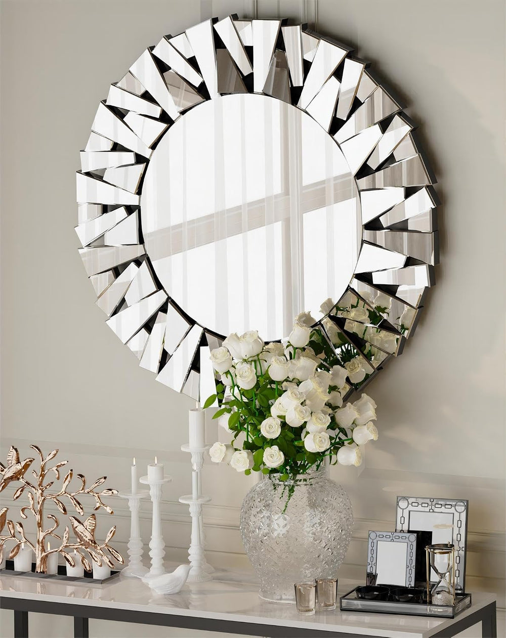 Decorative Mirror Round Silver: 31.5in Wall Vanity-Mirror Beveled