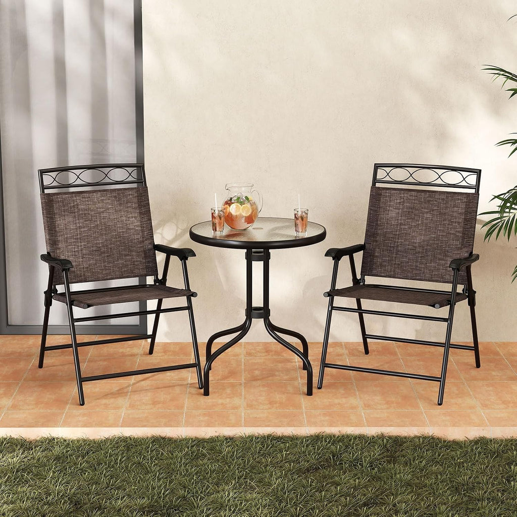 Goplus Bistro Table and Chairs Set of 2, Outdoor 3 Piece Patio Bistro Set with 1.57” Umbrella Hole, Tempered Glass Tabletop, 2 Folding Chairs, Small Patio Furniture Dining Set for Garden, Balcony