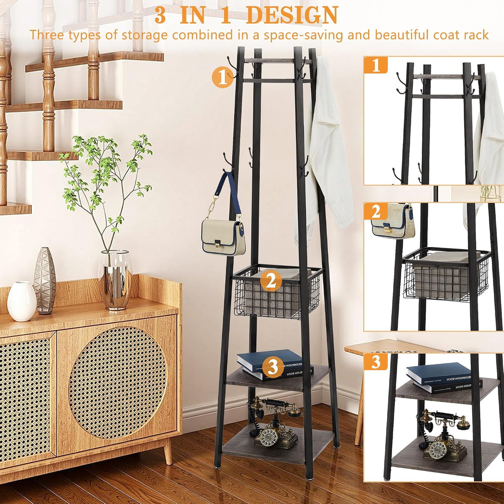 VECELO Coat Rack Freestanding,Hall Tree with Metal Basket and Storage Shelves...