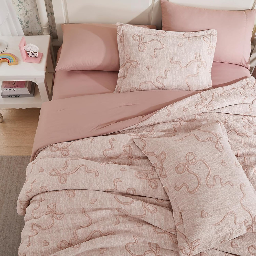 Queen Comforter Set - 7 Pieces Pink Bedding Set Bow Jacquard Bed in a Bag