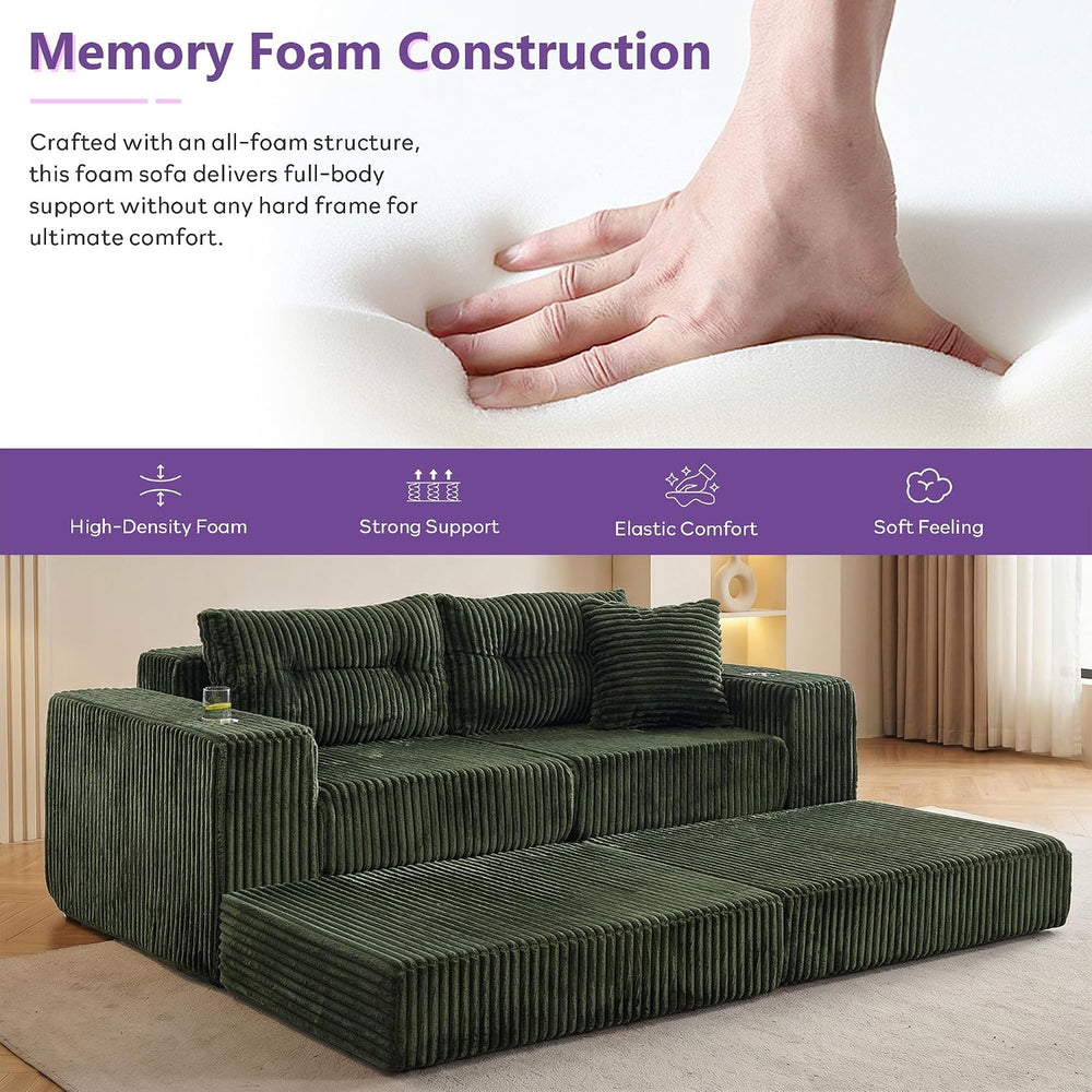 80.31“ Modular Sectional Cloud Couch, Boneless Loveseat with Ottoman, Green