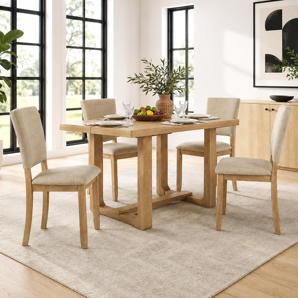 5-Piece Dining Table Set for 4 with Upholstered Chairs, Natural