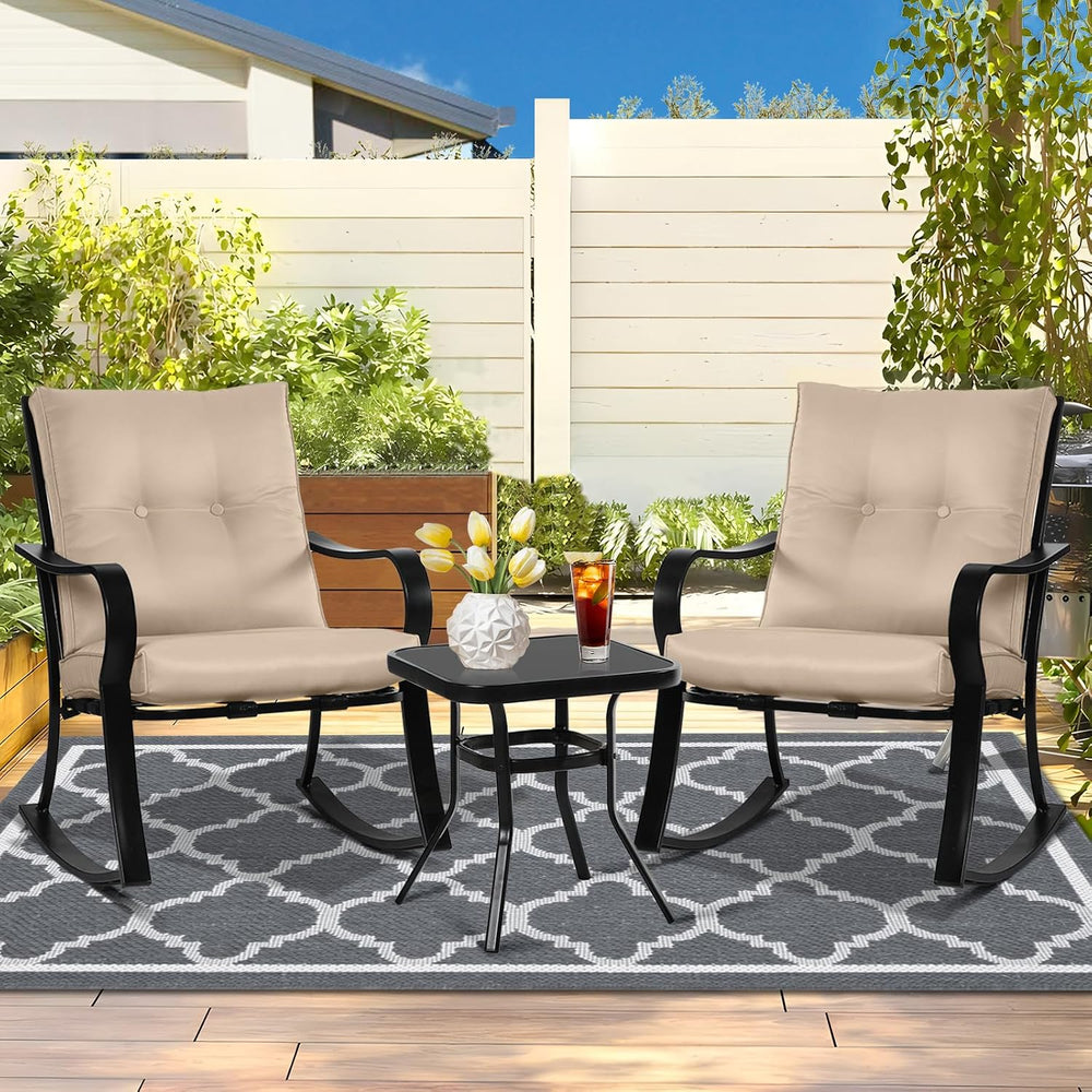 3-Piece Outdoor Rocking Chairs Bistro Sets Patio Furniture Set, Glass-Top Cof...