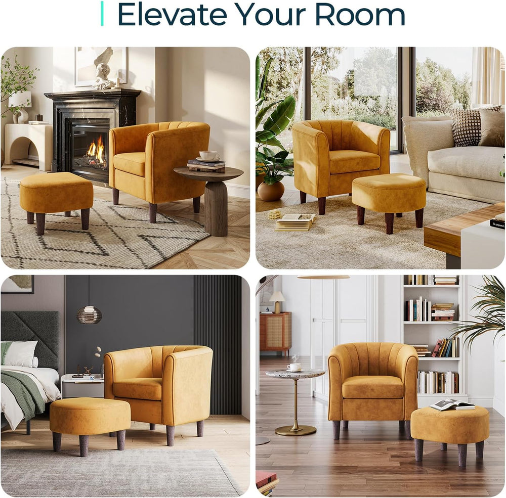 LINSY Accent Chair with Ottoman, Modern Armchair Comfy Barrel Reading Chair w...