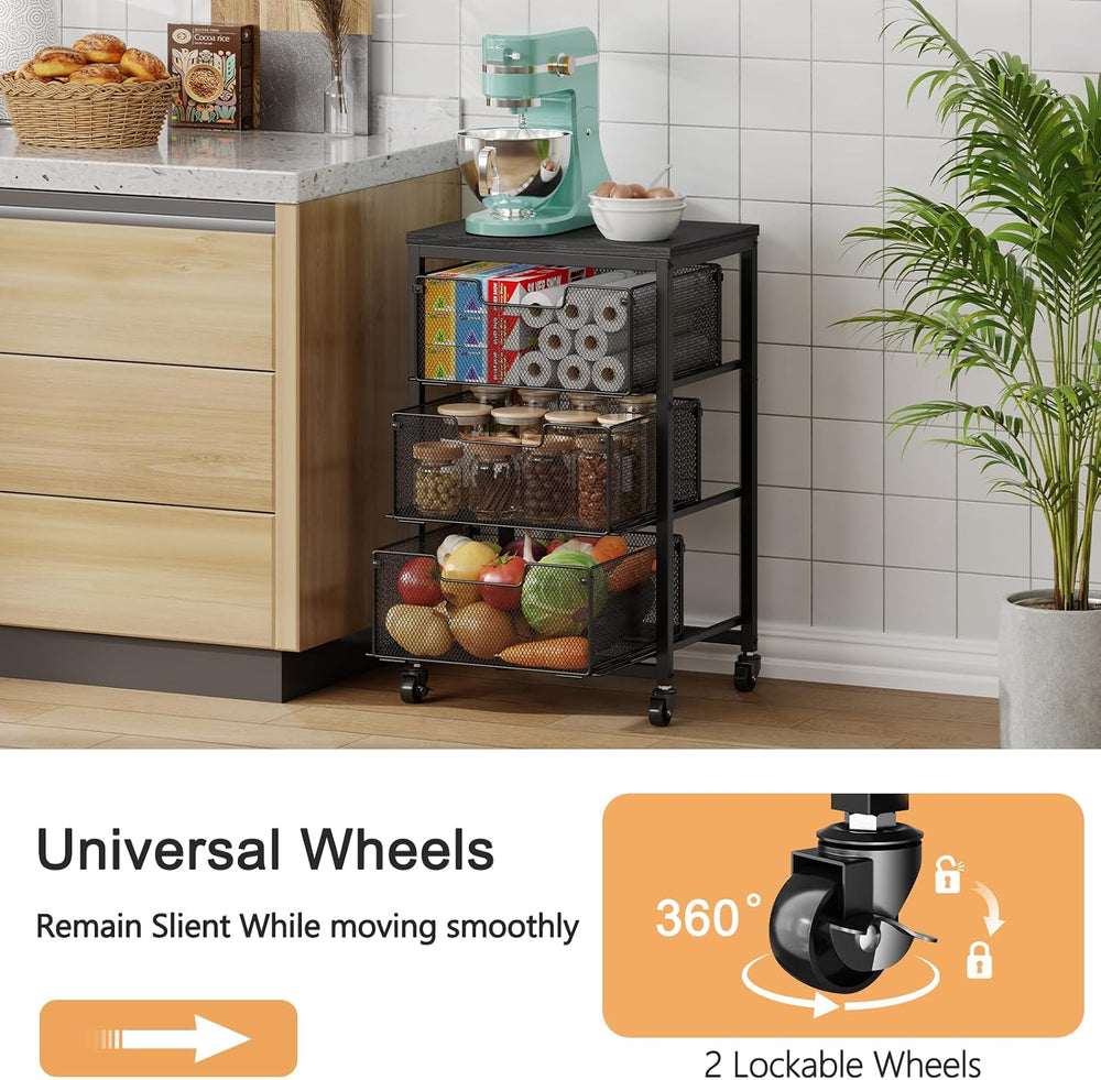 Pantry Organizer and Storage Cart, 3-Tier Kitchen Storage Cart with Drawer, F...