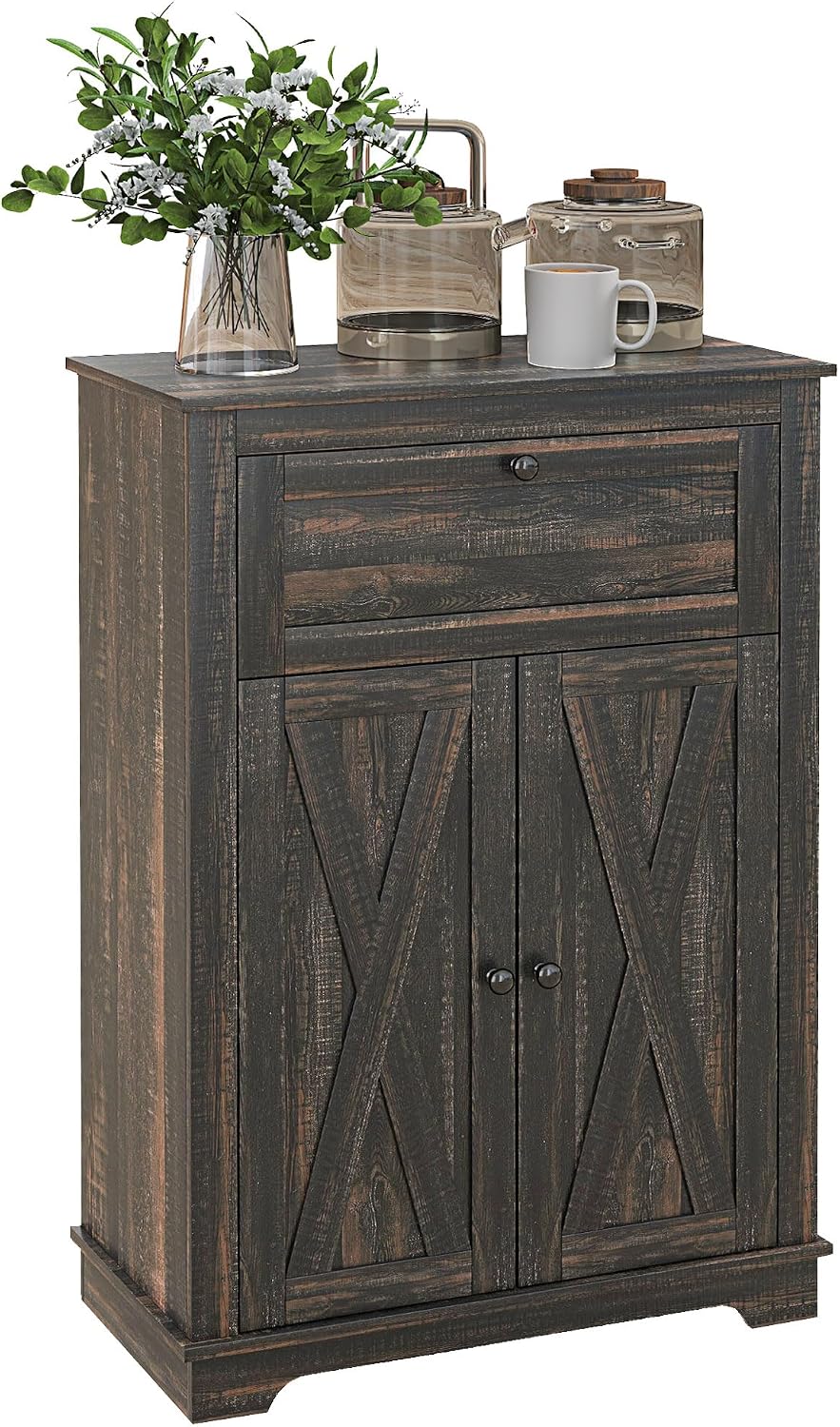 HOMCOM Farmhouse Barn Door Accent Cabinet with Double Doors Dark Brown