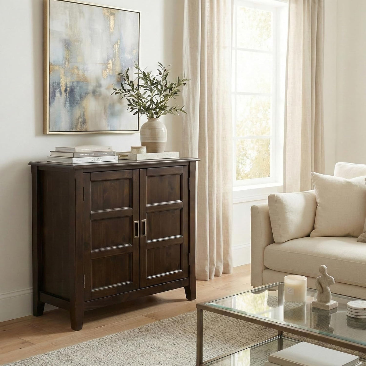 SIMPLIHOME Burlington 30" Wide Solid Wood Cabinet in Mahogany Brown