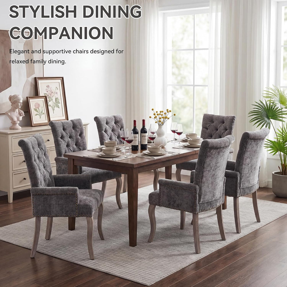 Farmhouse Upholstered Dining Chair with Arms & Nailhead Trim, Tufted Chen...