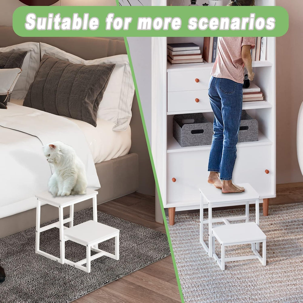 2 Step Stool for Adults Wooden Step Stool with 500 Lbs, White
