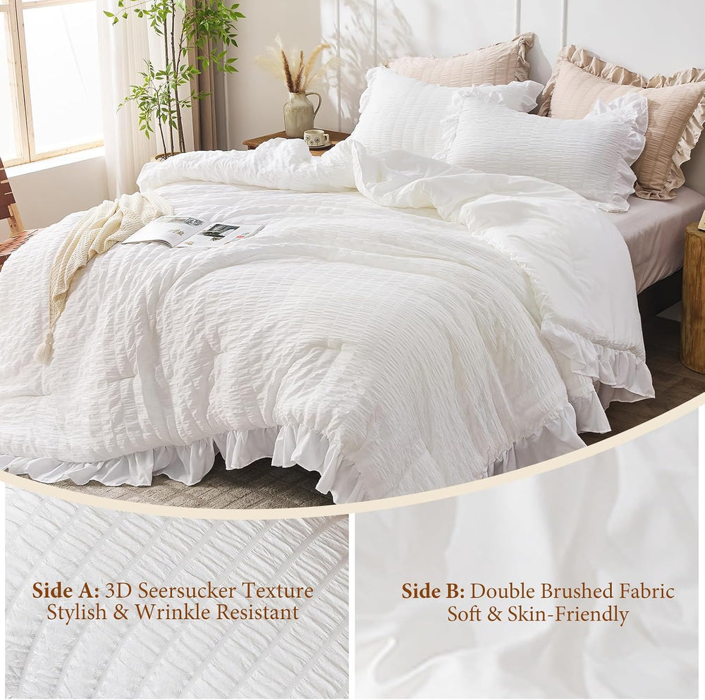 JOLLYVOGUE White Comforters Queen Size, 3 Pieces Ruffle Seersucker Queen Comf...