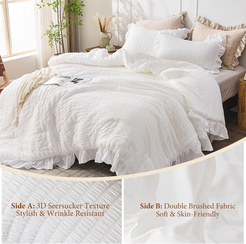 JOLLYVOGUE White Comforter Full Size, 3 Pieces Seersucker Lightweight Full Si...