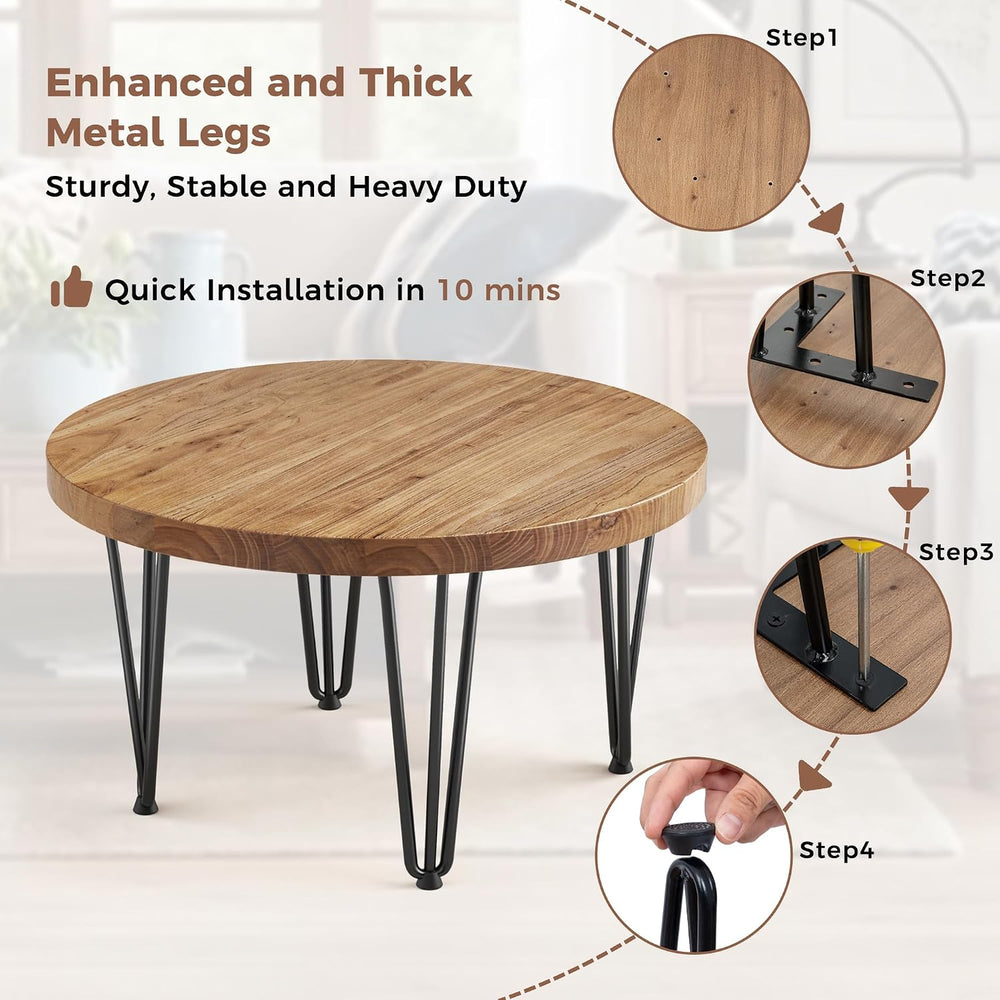 FLYJOE Rustic Wood Round Coffee Table with Metal Legs, Solid Elm Wood Top and...
