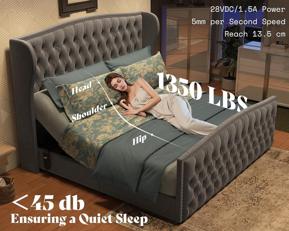 AMERLIFE King Adjustable Bed Frame with 51" Velvet Upholstered Headboard
