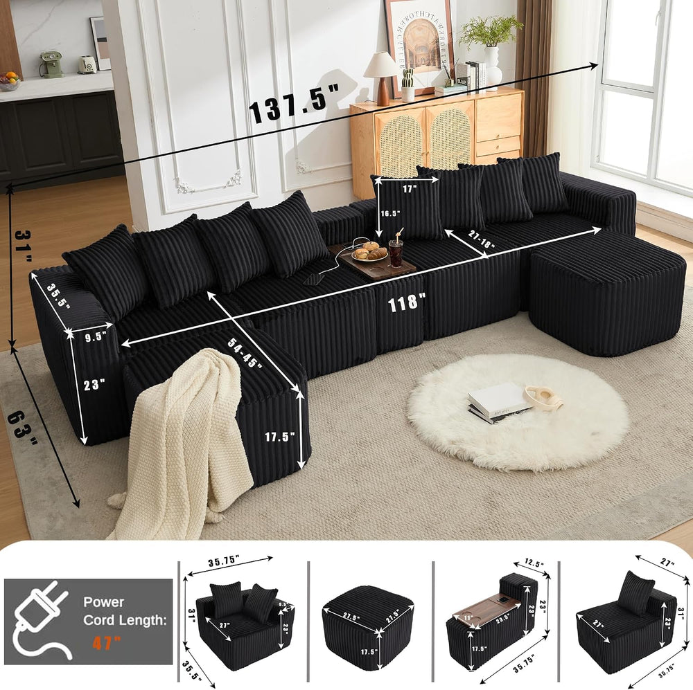 137'' U Shaped Boneless Sectional Couches with USB & Wireless Cha...