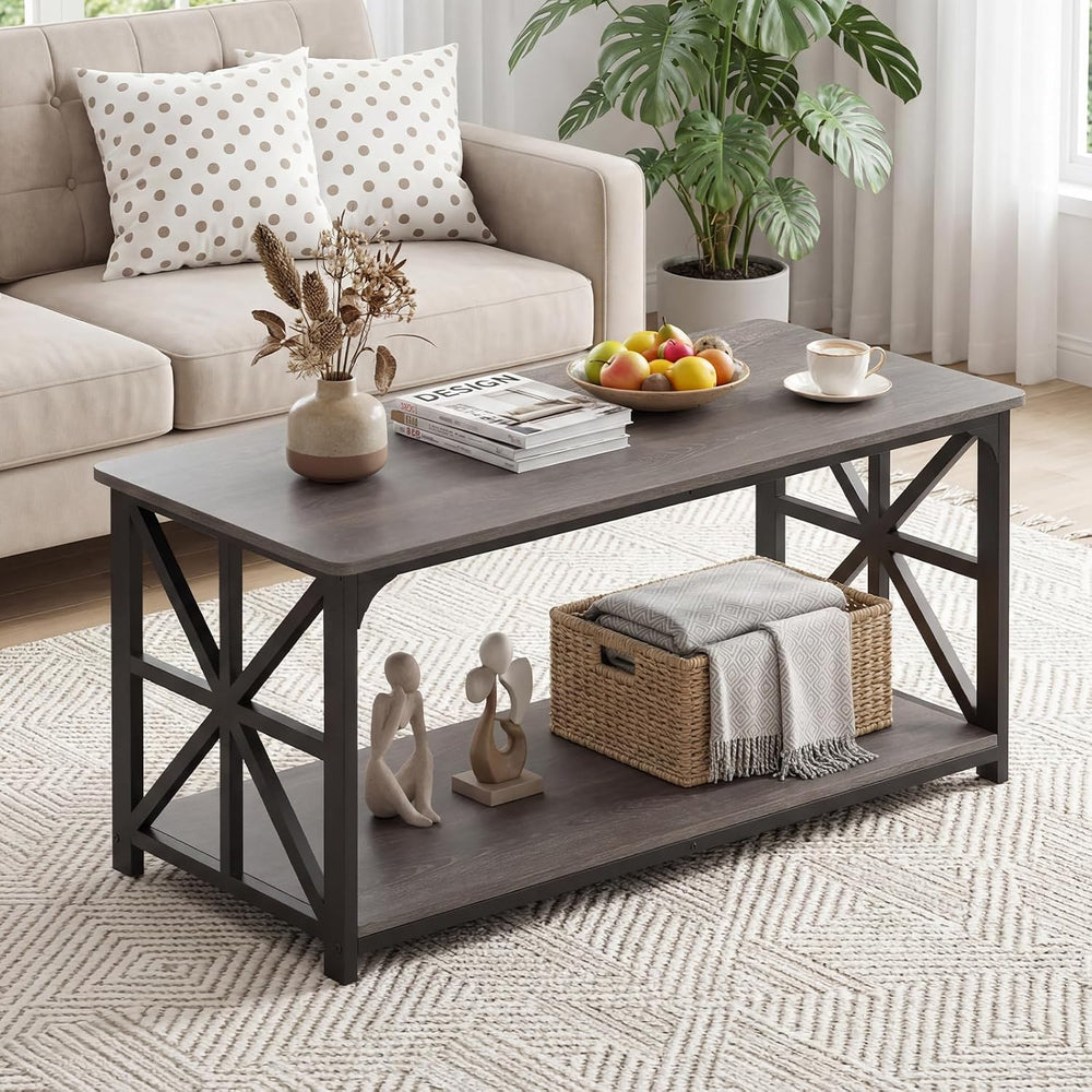 GIANTEX Farmhouse Coffee Table, 43" Center Table with Storage, Grey Oak