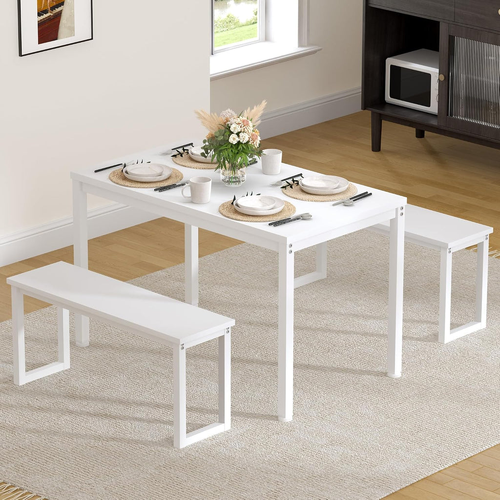 DlandHome 3-Piece Dining Table Set for 4 People,Soho Dining Table and Chairs Set,Rectangular Space-Saving Dinner Table with Two Benches for Kitchen,White