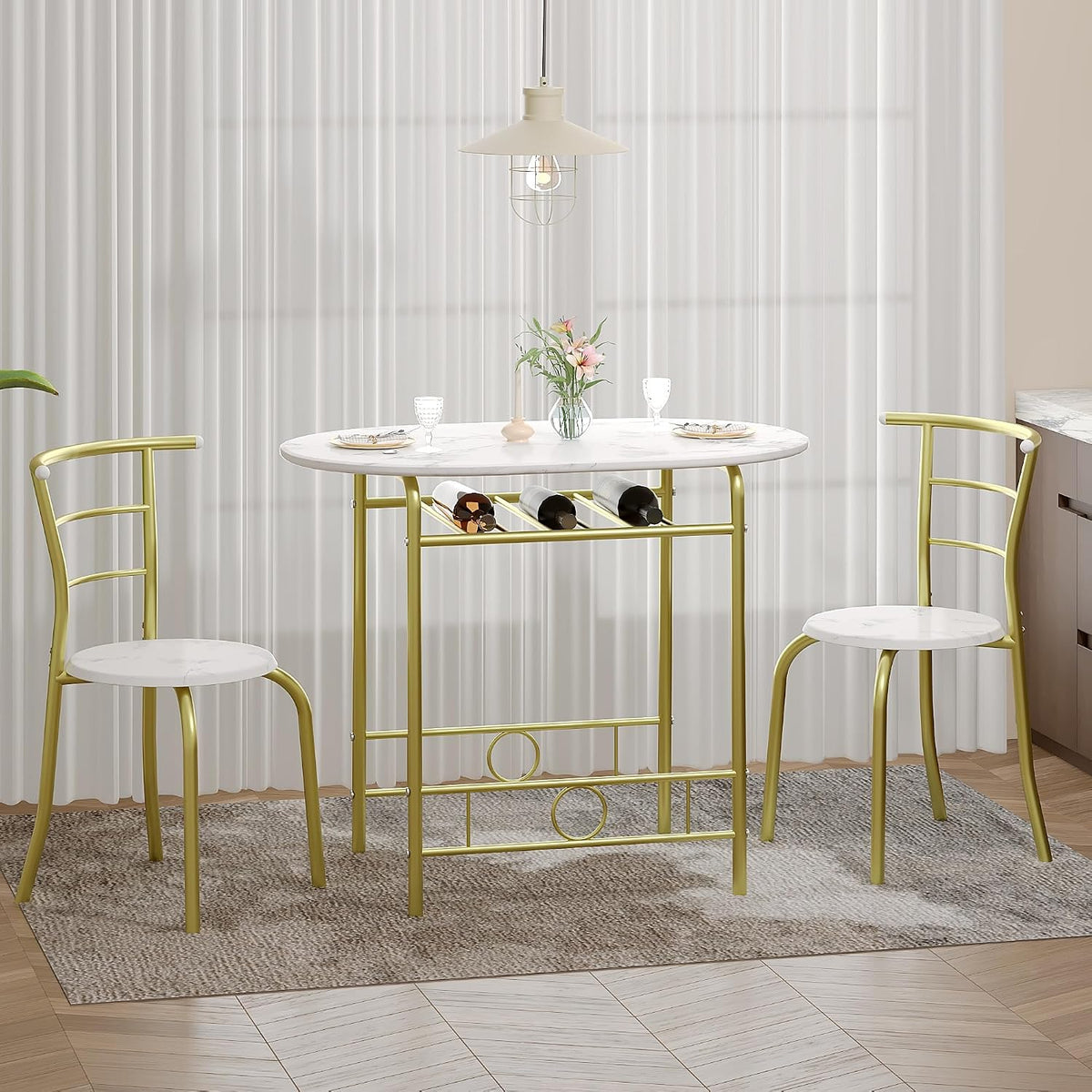 VECELO 3-Piece Dining Table Set for Kitchen Breakfast Nook, Wood Grain Oval Tabletop and Metal Frame with Built-in Wine Rack, for Small Spaces, White & Gold